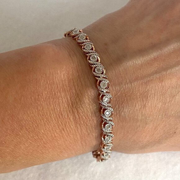 Rose Gold Vermeil Over Sterling Silver 925 1/2CTTW Diamond Tennis Bracelet 7" - Picture 1 of 16
